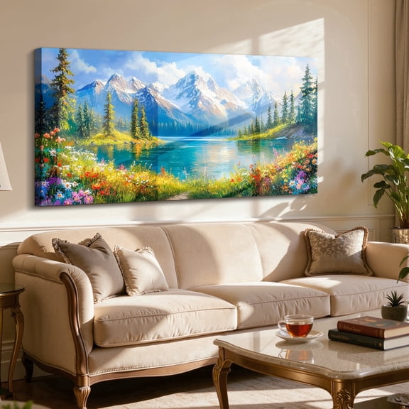 Mountain Lake Landscape Canvas Wall Art, Spring Floral Artwork, Ready To Hang for Bedroom Dining Room Farmhouse, 24"x48"
