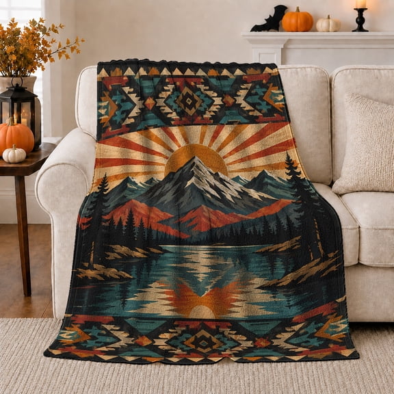 Mountain Lake Landscape Golden Sun Rays Pine Trees, Peaceful Mountain Lake Scene, Warm Flannel Blanket for Cabin and Lodge, Outdoor Lovers Encouragement Gift, Artistic Home Decor