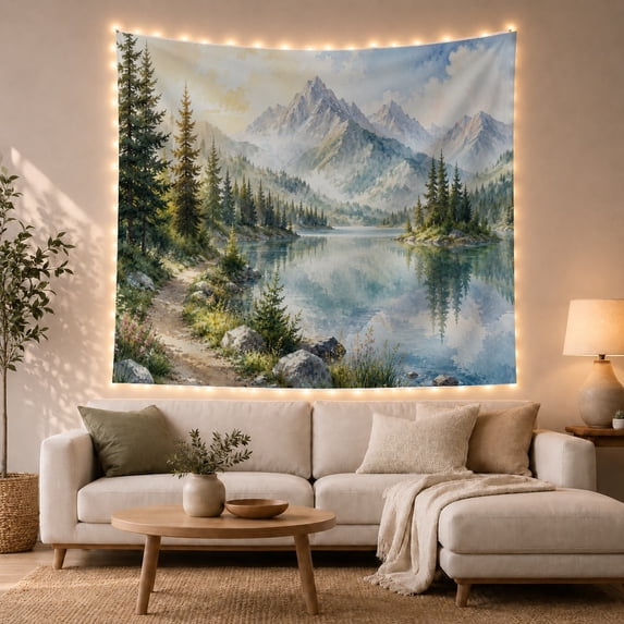 Mountain Lake Landscape with Misty Peaks and Forest, Peaceful Watercolor for Nature Lovers Forest Wall Art Housewarming Gift Tapestry Wall Hanging for Bedroom and Living Room