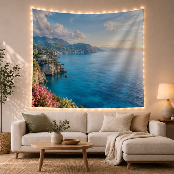 Mountain Lake Mediterranean with Bright Hazy Foreground Left, Mystical Fantasy for Space Lovers, Galaxy Room Decor, Mother'S Day Gift, Tapestry Wall Hanging for Bedroom and Dorm