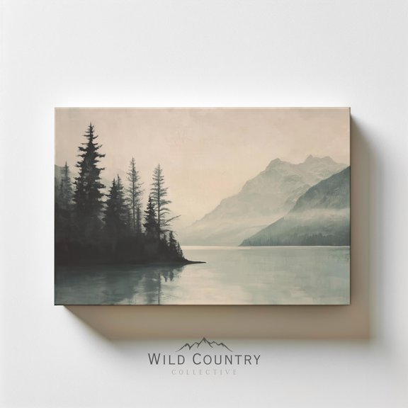 Mountain Lake Muted Nature Painting Calm Montana Lake Landscape Vintage Poster