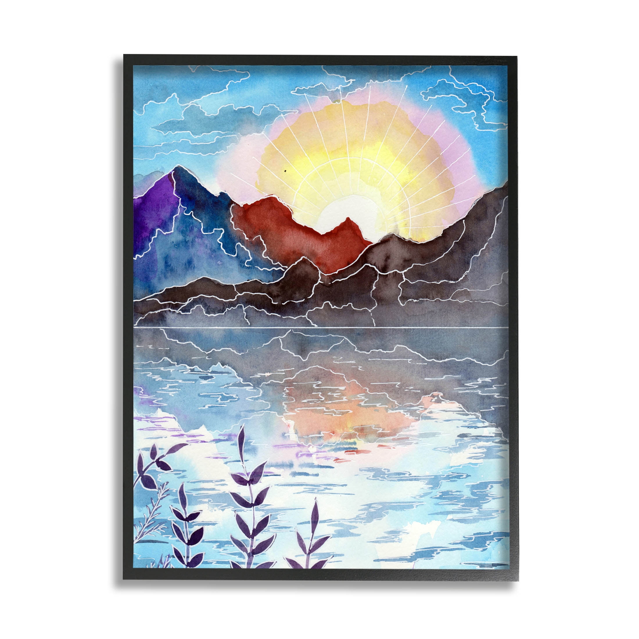 Mountain Lake Nature Outline Landscape Graphic Art Black Framed Art Print Wall Art
