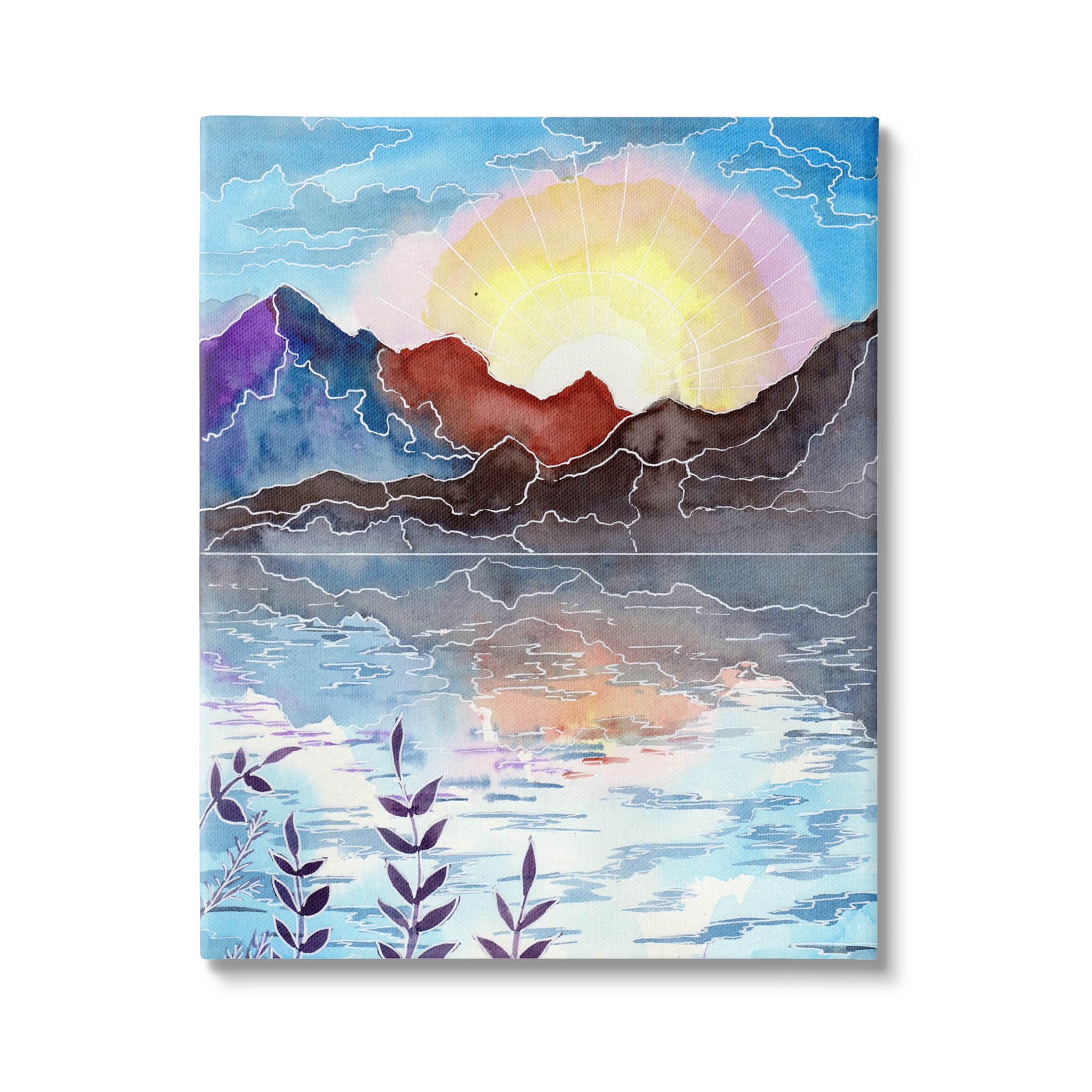 Mountain Lake Nature Outline Landscape Graphic Art Gallery Wrapped Canvas Print Wall Art