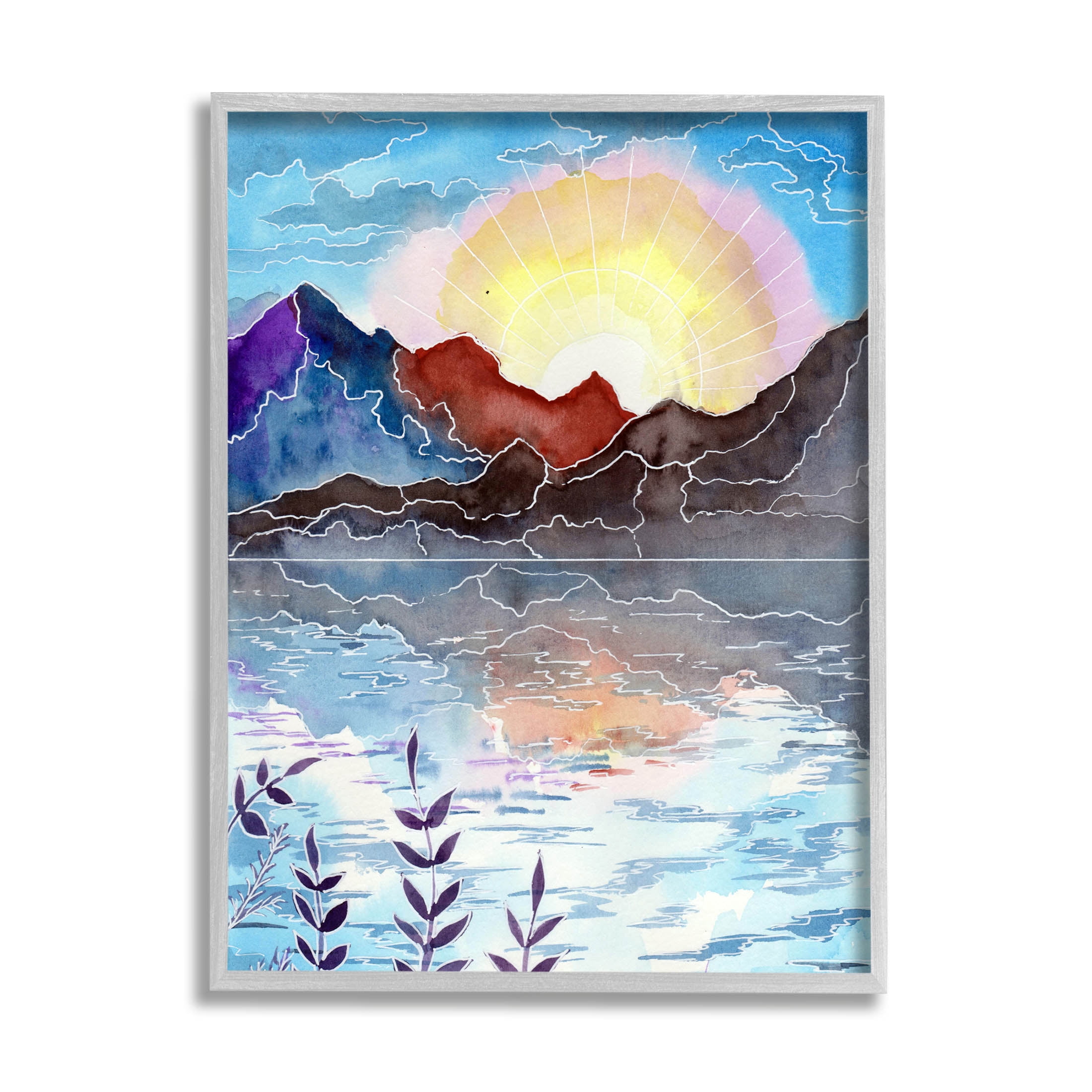 Mountain Lake Nature Outline Landscape Graphic Art Gray Framed Art Print Wall Art