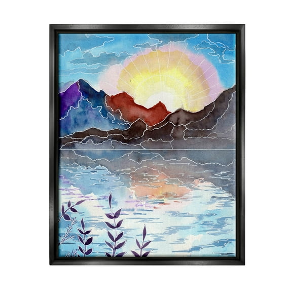 Mountain Lake Nature Outline Landscape Graphic Art Jet Black Framed Art Print Wall Art