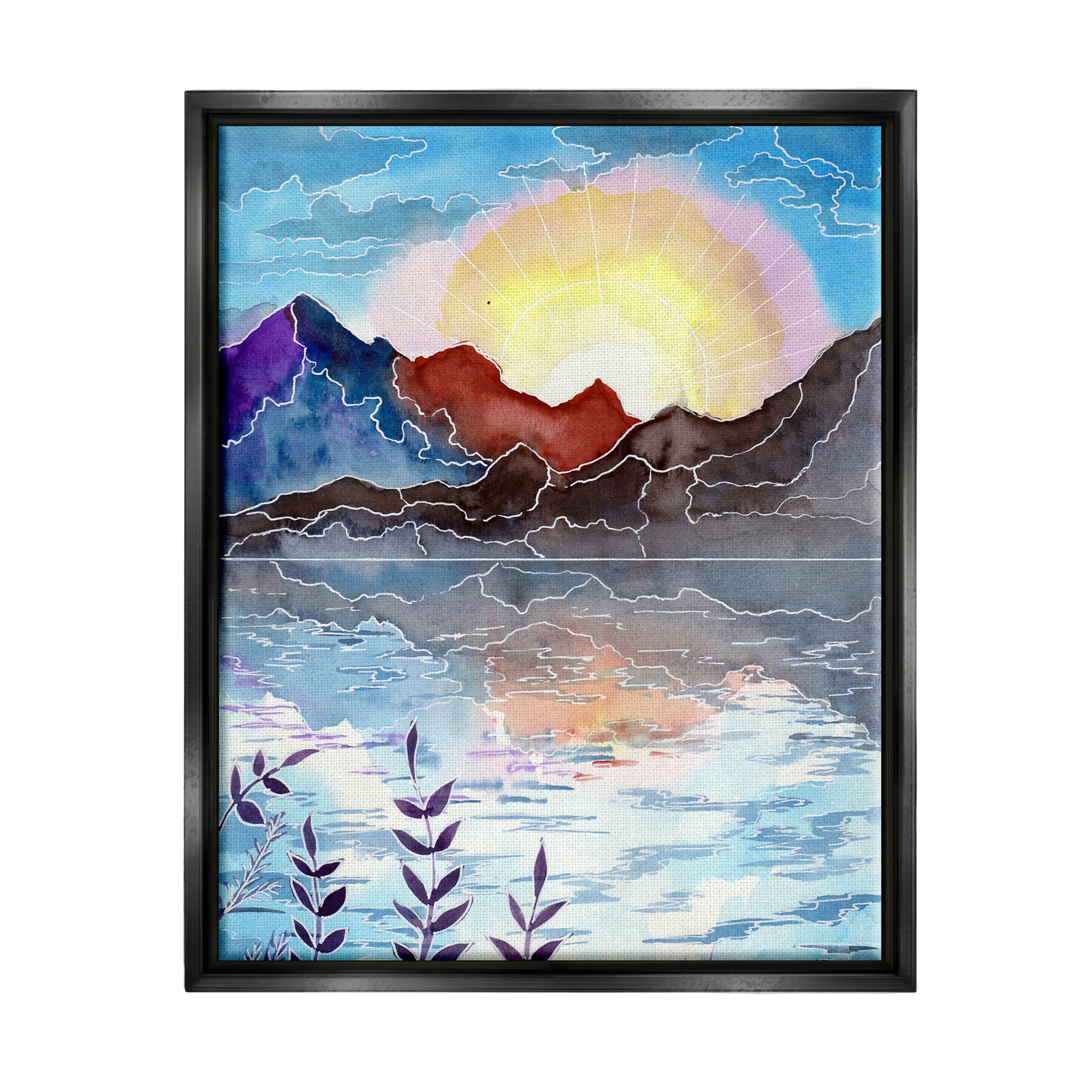 Mountain Lake Nature Outline Landscape Graphic Art Jet Black Framed Art Print Wall Art
