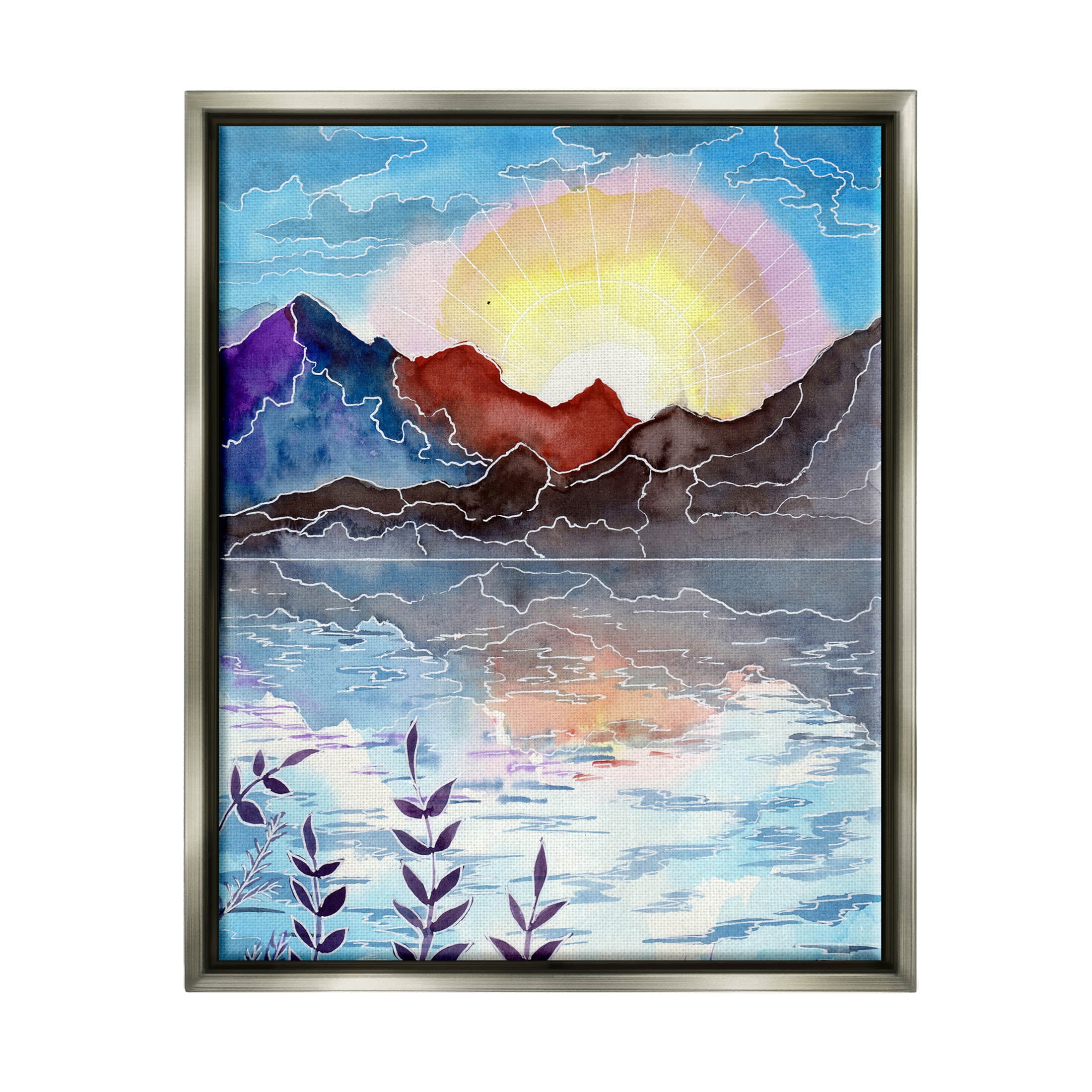 Mountain Lake Nature Outline Landscape Graphic Art Luster Gray Framed Art Print Wall Art