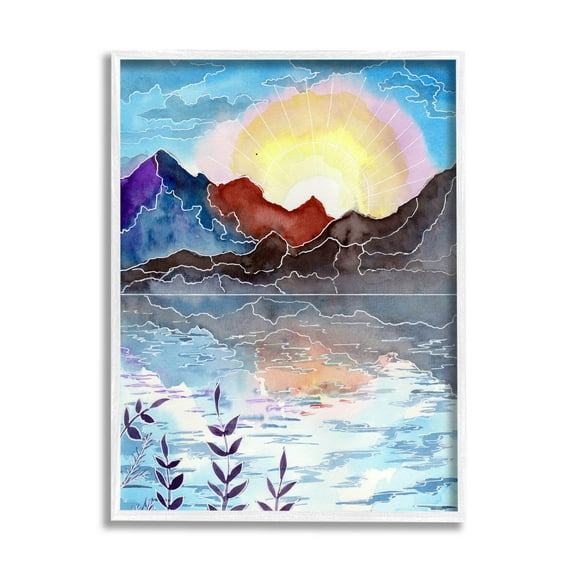 Mountain Lake Nature Outline Landscape Graphic Art White Framed Art Print Wall Art