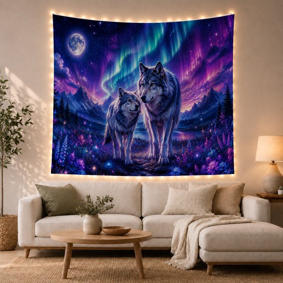Mountain Lake Night with Detailed Realistic Wolves Standing, Mystical Fantasy for Space Lovers, Galaxy Room Decor, Housewarming Gift, Tapestry Wall Hanging for Bedroom and Dorm