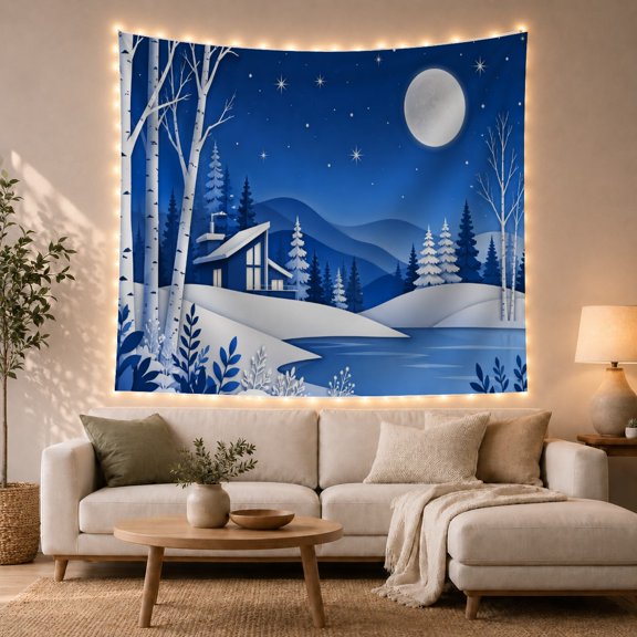 Mountain Lake Night with Dominant Varying Shades Lighter, Mystical Fantasy for Space Lovers, Galaxy Room Decor, Christmas Gift, Tapestry Wall Hanging for Bedroom and Dorm