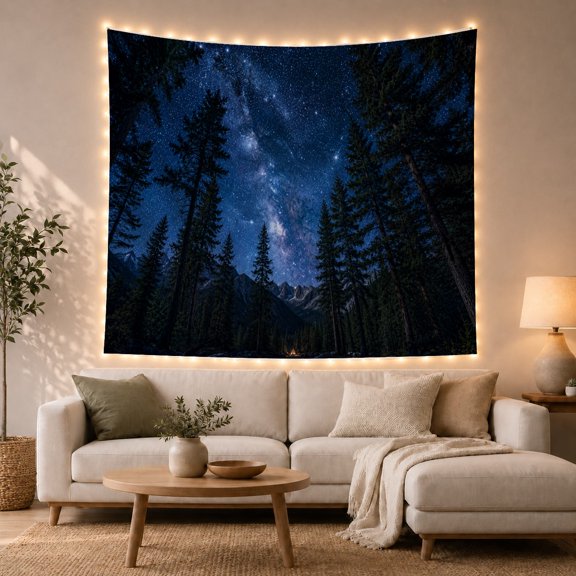 Mountain Lake Nocturnal with Forest Display Foreground Sides, Mystical Fantasy for Space Lovers, Galaxy Room Decor, Graduation Gift, Tapestry Wall Hanging for Bedroom and Dorm