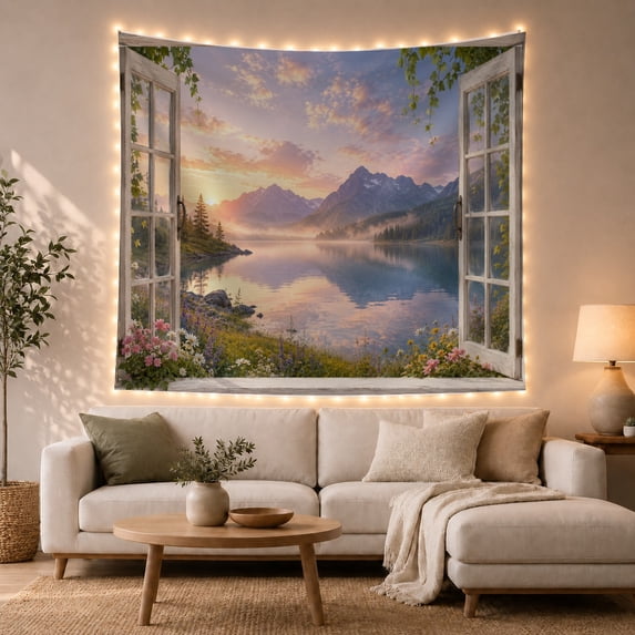 Mountain Lake Open with Wooden Windows Glass Panes, Mystical Fantasy for Space Lovers, Galaxy Room Decor, Mother'S Day Gift, Tapestry Wall Hanging for Bedroom and Dorm