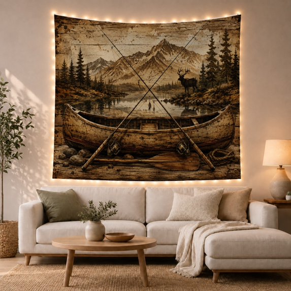 Mountain Lake Outdoor with Depicted Distressed Aged Wood, Mystical Fantasy for Space Lovers, Galaxy Room Decor, Father'S Day Gift, Tapestry Wall Hanging for Bedroom and Dorm