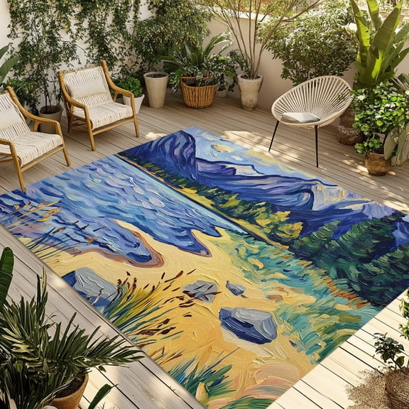 Mountain Lake Outdoor Rug, Oil Painted Rock Shore Wild Grass Non-Slip Area Rugs Carpet Breathable Large Floor Mat for Outdoors Patio Porch Deck Beach 3’ x 5’