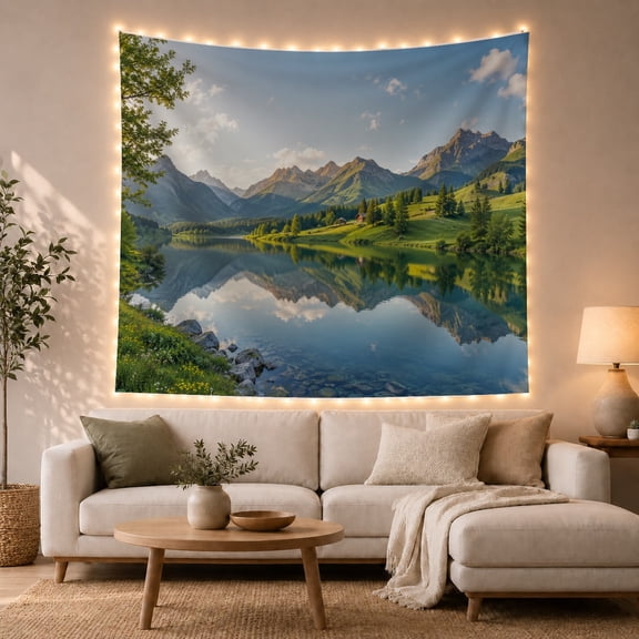 Mountain Lake and Peaks With Green Hills, Serene Rustic for Nature Lovers, Scenic Mountain Wall Art, Housewarming Gift Tapestry Wall Hanging for Living Room and Cabin