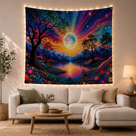 Mountain Lake Pointillist with Stippled Detailed Luminous Pale, Mystical Fantasy for Space Lovers, Galaxy Room Decor, Mother'S Day Gift, Tapestry Wall Hanging for Bedroom and Dorm