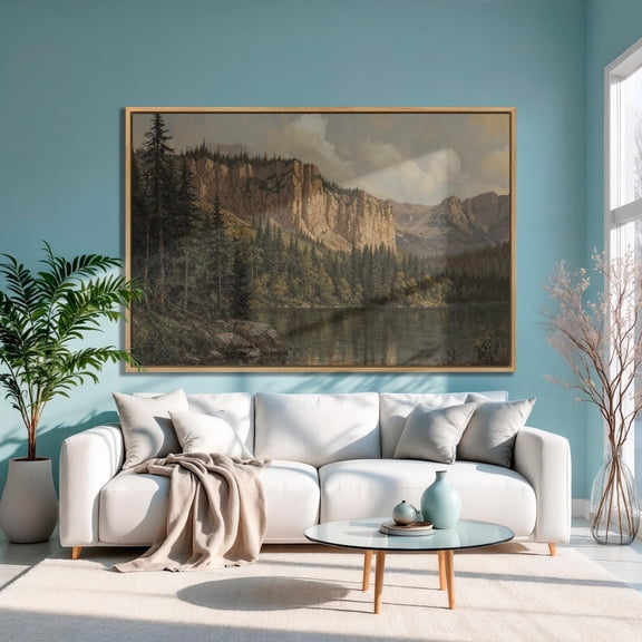 Mountain Lake Poster: Panoramic Pine Forest Landscape, Unframed Canvas Size 8x12