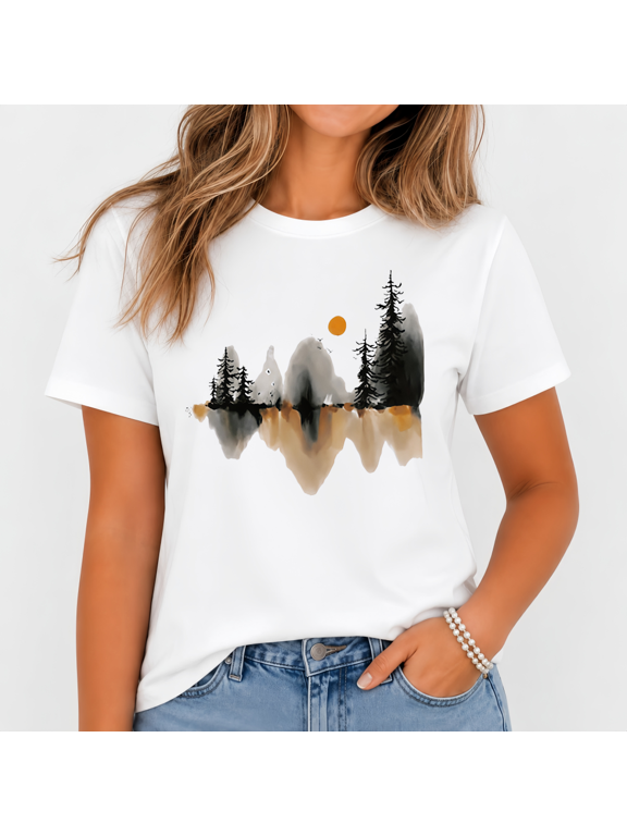 Mountain Lake Reflection T-Shirt | Artistic Nature Watercolor Graphic Tee