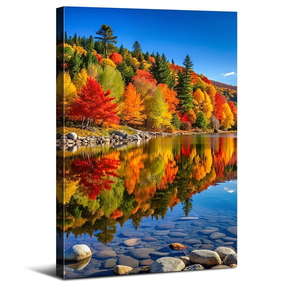 Mountain Lake Reflection Wall Art Print, Fall Tree Decor