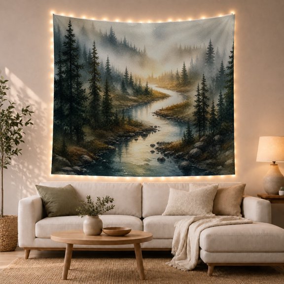 Mountain Lake River with Winding Through Forest Tall, Mystical Fantasy for Space Lovers, Galaxy Room Decor, Housewarming Gift, Tapestry Wall Hanging for Bedroom and Dorm