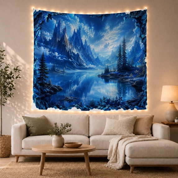 Mountain Lake Through Rocky Cave with Pine Trees, Majestic Fantasy Style for Nature Lovers, Mountain Wall Decor Housewarming Gift, Tapestry Wall Hanging for Bedroom and Dorm
