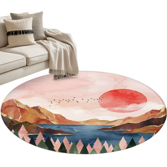 Mountain Lake Round Rug 3ft Washable Circle Entryway Rugs Non Slip Red Sun Pine Forest Rustic Area Rug Indoor Floor Carpet for Bedroom Kitchen Living Room Home Office Dining Room Nursery