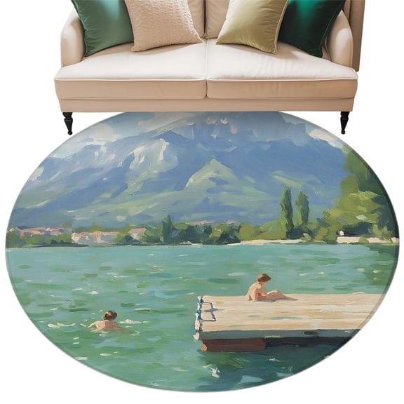 Mountain Lake Round Rug 8ft Washable Circle Rugs Non Slip Summer Farmhouse Forest Nature Scenery Large Area Rug Indoor Floor Carpet for Bedroom Kitchen Living Room Home Office Dining Room Nursery