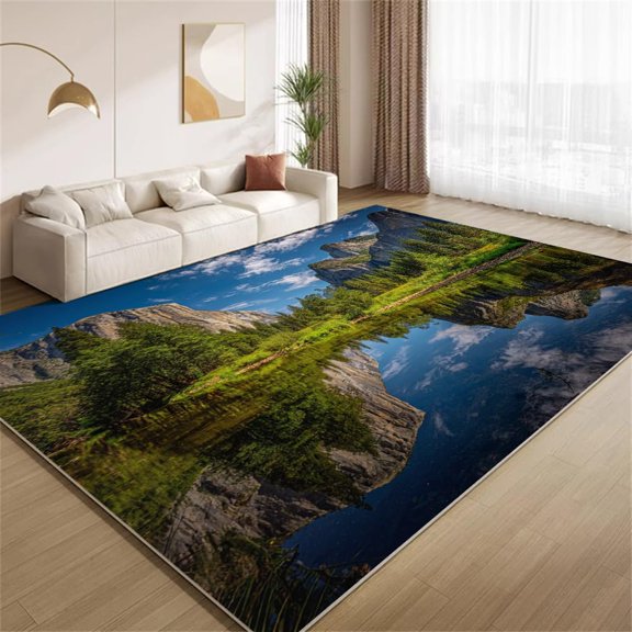 Mountain Lake Scenery Area Rugs, Natural Landscape Pattern Carpet, Washable Non Slip Low Pile Soft Rug for Living Room Bedroom Decor Mat 5x8ft