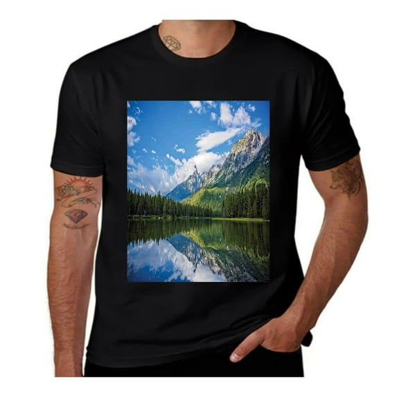 Mountain Lake Scenery-Landscape-White-Green-Blue- Casual Streetwea Everyday Tshirt Comfortable Wear tee shirt