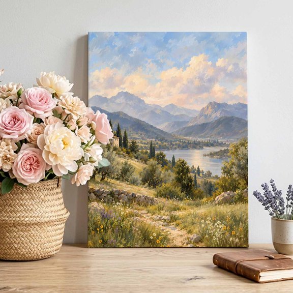 Mountain Lake Scenic Pastoral Lake Mountain Hill Tree Sky Canvas Wall Art for Living Room, 10"L x 8"W Poster Print Painting for Desk Vanity Narrow Stair Wall Decoration Wall Pictures Prepare To Hang