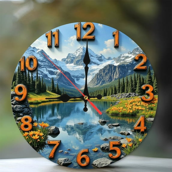 Mountain Lake Scenic Wall Clock 10-Inch Silent Wooden Wall Clock, Battery Operated (AA Batteries Not Included), Artistic Home Decor