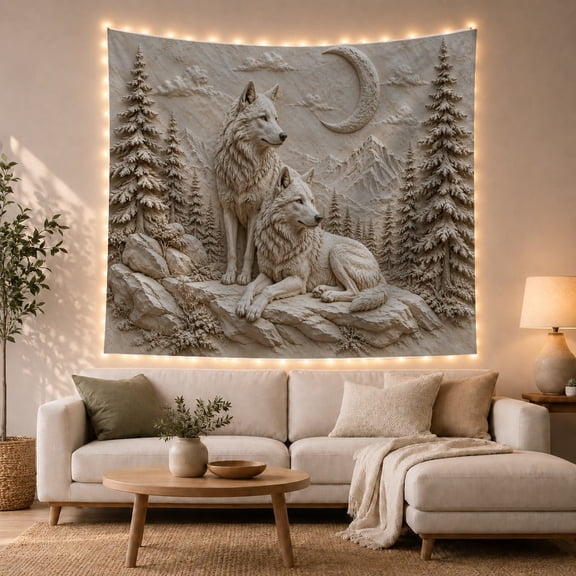 Mountain Lake Sculpted with Relief Wilderness Wolves Detailed, Mystical Fantasy for Space Lovers, Galaxy Room Decor, Housewarming Gift, Tapestry Wall Hanging for Bedroom and Dorm