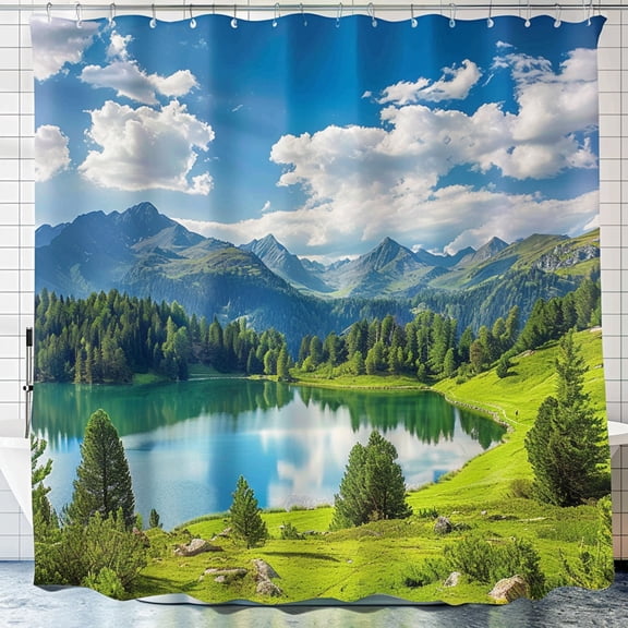 Mountain Lake Serenity: Nature Landscape Shower Curtain Photo Realistic Design High Resolution Blue Sky and Pine Forest View