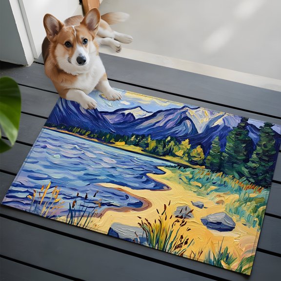 Mountain Lake Small Area Rugs 2x3 Oil Painted Rock Shore Wild Grass Entryway Rugs Washable Door Mat, Low-Profile Area Rugs Non Slip Floor Carpet for Living Room Bedroom Home Office