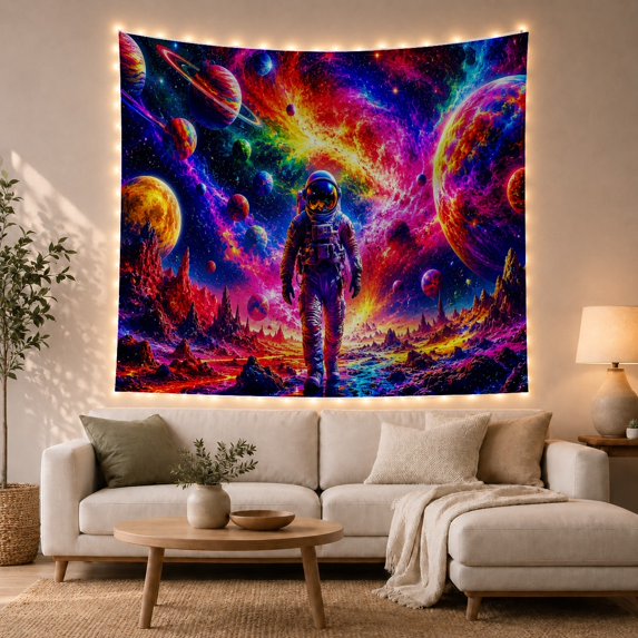 Mountain Lake Solitary with Astronaut Standing Jagged Rocky, Mystical Fantasy for Space Lovers, Galaxy Room Decor, Graduation Gift, Tapestry Wall Hanging for Bedroom and Dorm