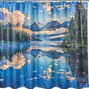 Mountain Lake Sunrise Shower Curtain Blue Sky Reflection Serene Landscape Nature Theme Snowcapped Peaks Peaceful Atmosphere