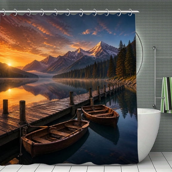 Mountain Lake Sunset Boat Dock Reflection Print Shower Curtain,Modern Fabric Waterproof Shower Curtain Set with Hooks,70.8×70.8Inch