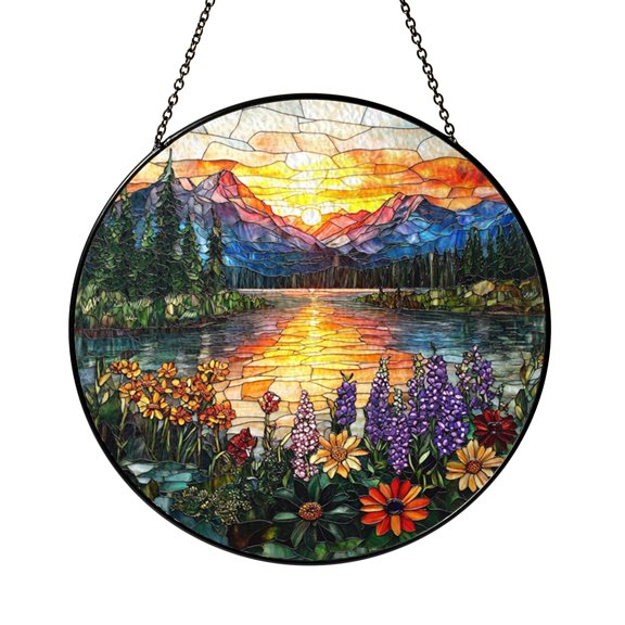 Mountain Lake Sunset Ceramic Ornament – Stained Glass Style Nature Art