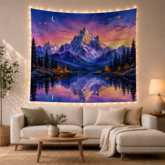 Mountain Lake Sunset Landscape in Twilight, Serene Painterly Style for Nature Lovers, Scenic Wall Art, Housewarming Gift, Tapestry Wall Hanging for Bedroom, Living Room and Dorm