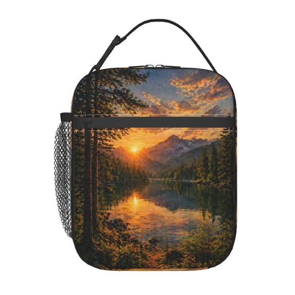 Mountain Lake Sunset Lunch Bag Reusable Thermal Lunch Box with Handle for Women and Men