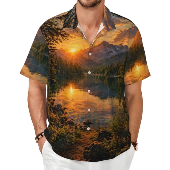 Mountain Lake Sunset Men's Shirts Short-Sleeved with All-Over Prints Button-Up Shirts