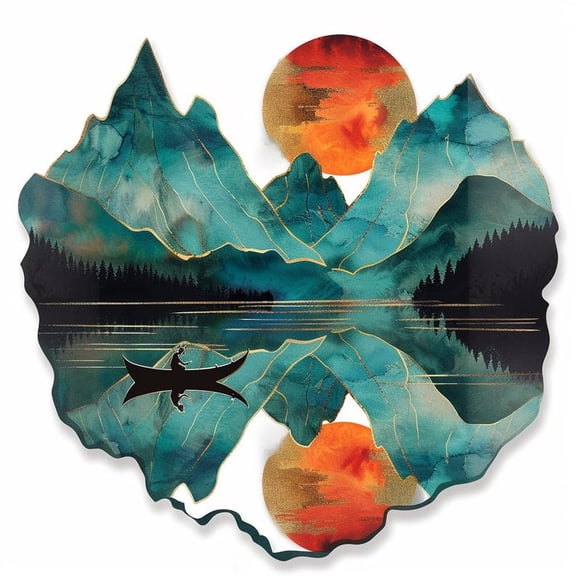 Mountain Lake Sunset Metal Wall Art with Fishing Boat Design, Nature Wall Decor, MHS01