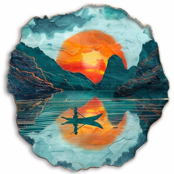 Mountain Lake Sunset Metal Wall Art with Fishing Boat Design, Nature Wall Decor, MHS01