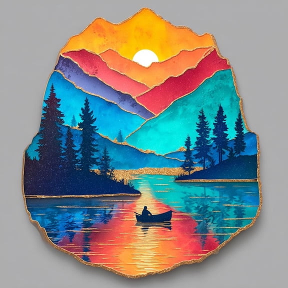 Mountain Lake Sunset Metal Wall Art with Fishing Boat Design, Nature Wall Decor