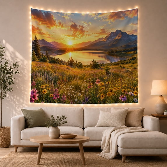 Mountain Lake Sunset with Wildflower Meadow, Peaceful Watercolor for Nature Lovers, Scenic Landscape Wall Art, Housewarming Gift Tapestry Wall Hanging for Living Room and Bedroom