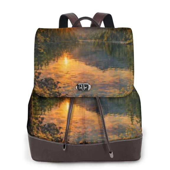 Mountain Lake Sunset Women's Leather Backpack All-Over Print Bag for Work and Travel