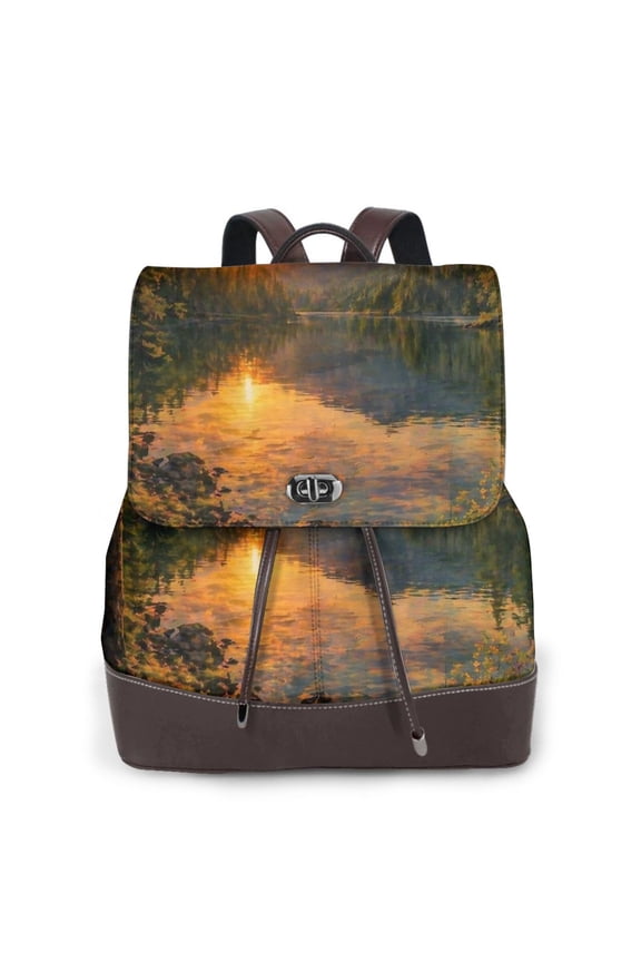 Mountain Lake Sunset Women's Leather Backpack All-Over Print Bag for Work and Travel