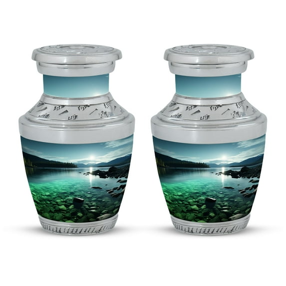 Mountain Lake at Twilight Silhouette Serenade - Tiny Keepsake Urn - Silhouetted Songs of the Soul - Funeral Urns For Human Ashes - Memorial Urns 3 Inch, Set Of 2