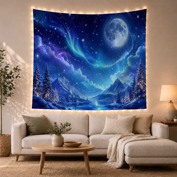 Mountain Lake Vast with Nighttime Starry Luminous Full, Mystical Fantasy for Space Lovers, Galaxy Room Decor, Christmas Gift, Tapestry Wall Hanging for Bedroom and Dorm