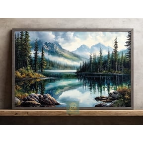 Mountain Lake Wall Art Print With Tranquil Forest And Landscape Decor